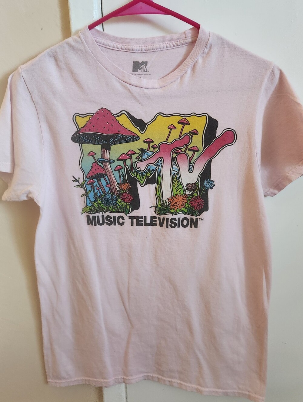 MTV Pink Short Sleeve Tee with Colorful Mushroom Logo